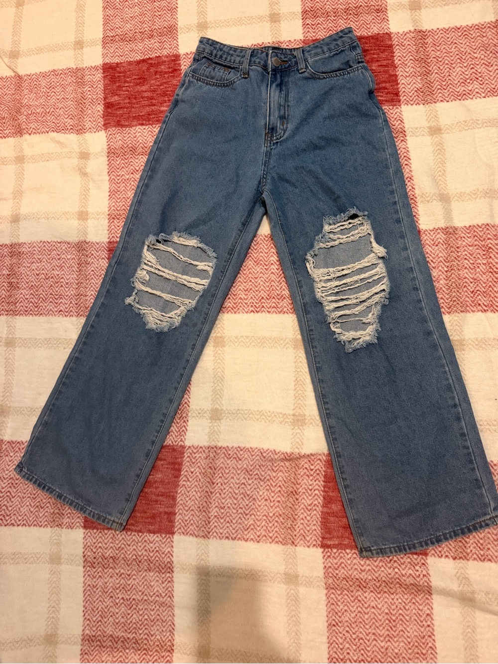 High-Waist Distressed Wide Leg Jeans - Medium Blue Girl